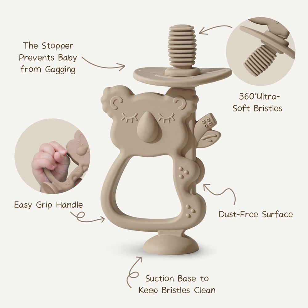 Moonkie Koala Warm Taupe soft bristles ready to massage tender gums
