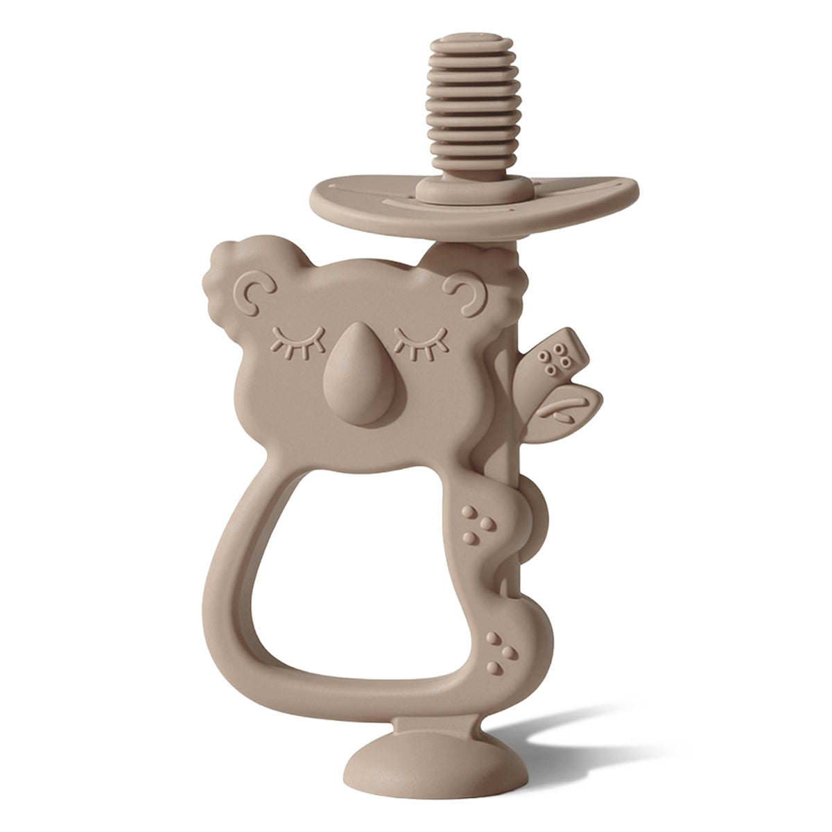 Moonkie Koala Warm Taupe teether close-up showing soft silicone texture for gentle teething