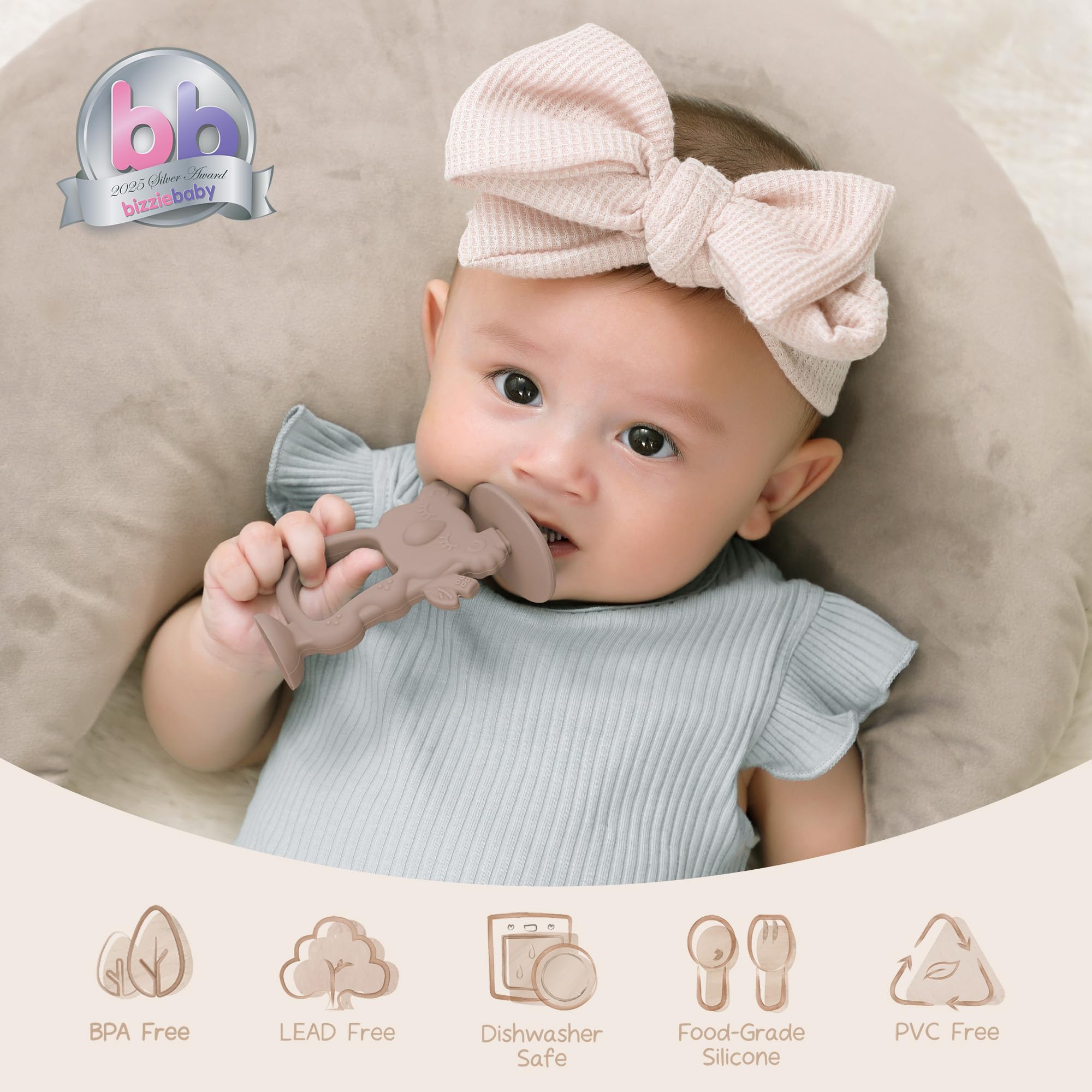 Moonkie Koala Warm Taupe baby holding teether for easy grip during soothing sessions