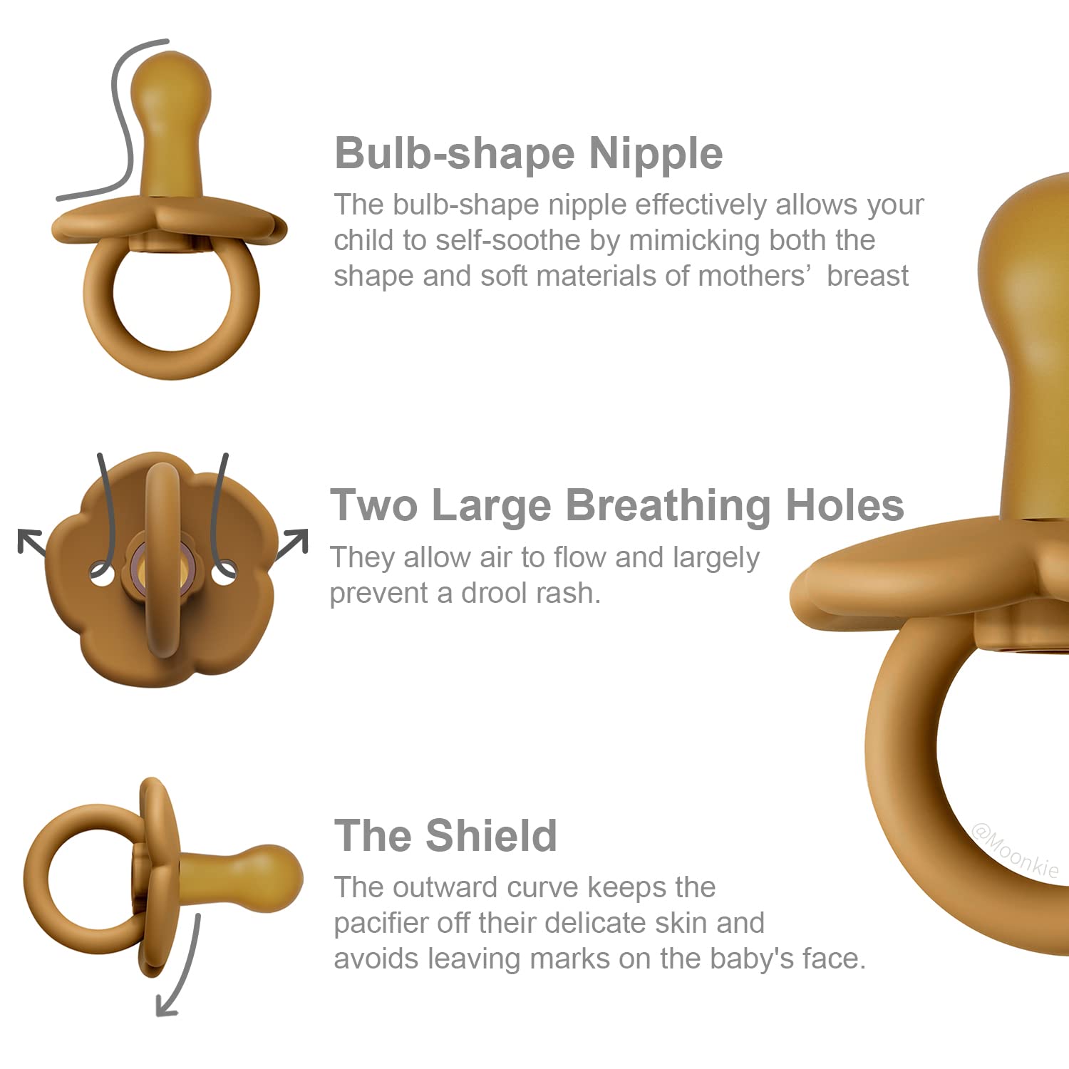 Moonkie pacifier with large air holes for better airflow and skin comfort