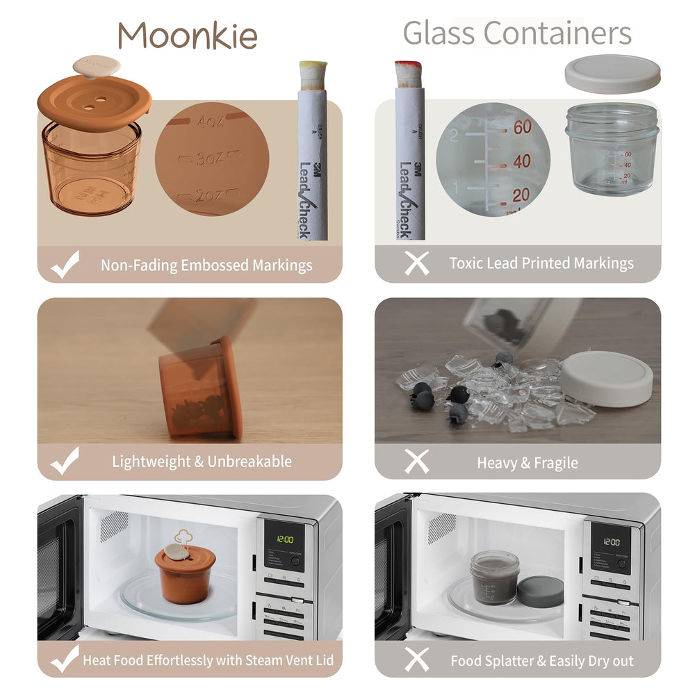 Moonkie leakproof double-seal lids ensuring freshness and easy portioning.