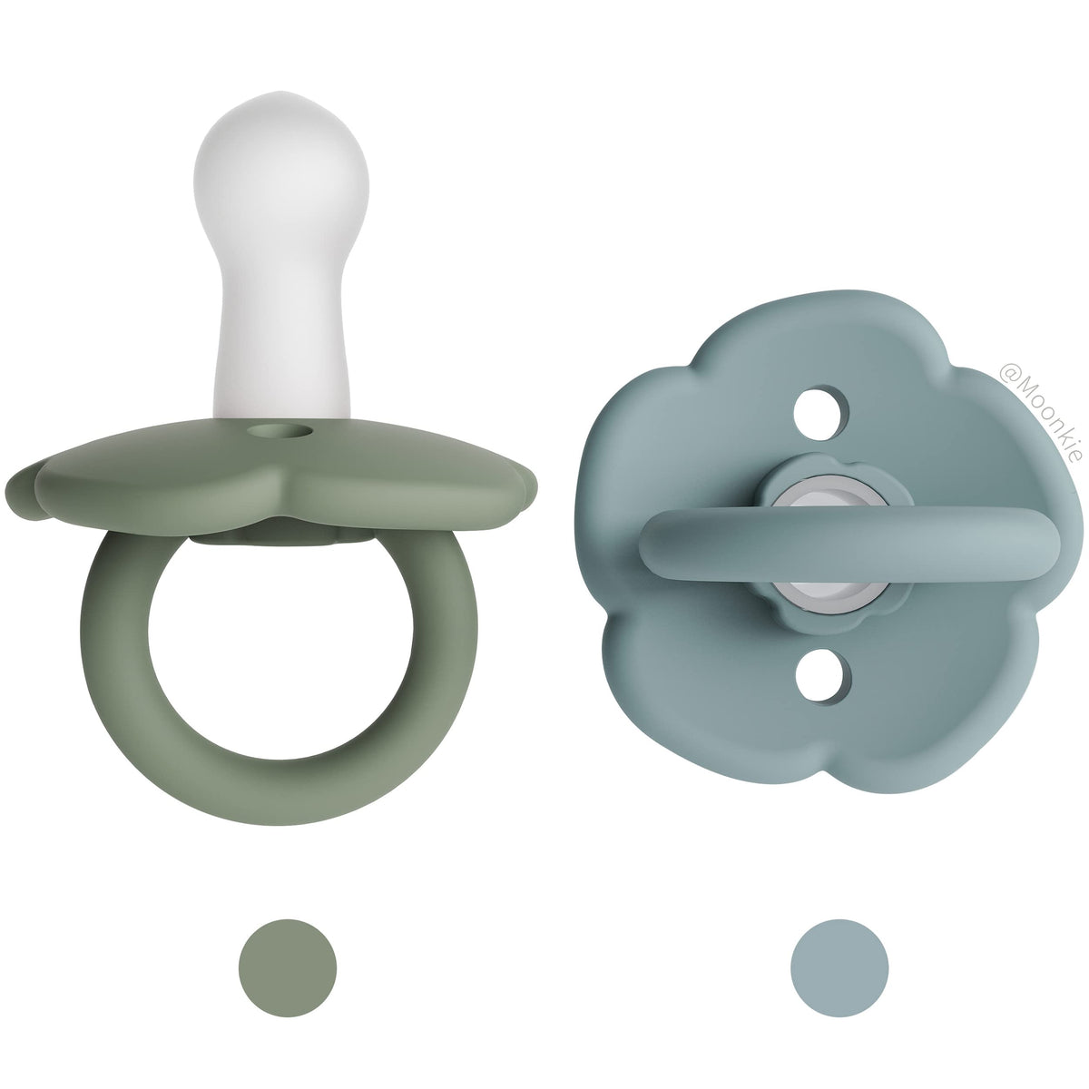 Moonkie pacifiers Daisy two-pack set highlights stylish design for baby soothing on the go.