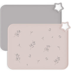 Moonkie two-pack Ether/Sage placemats on a dining table ready for mealtime.