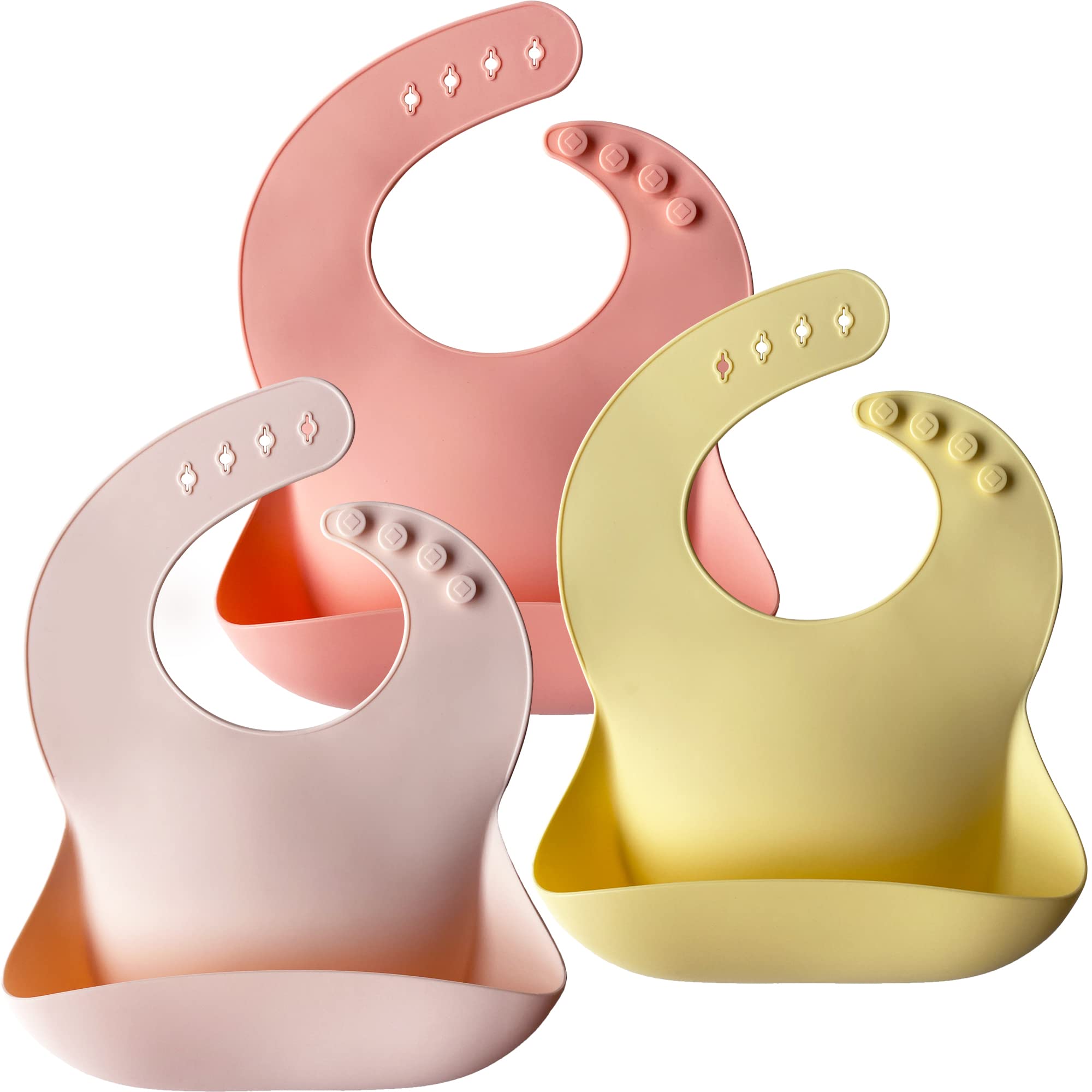 Moonkie silicone baby bibs pink closeup pocket shows a spill-catching feature for tidy mealtimes.