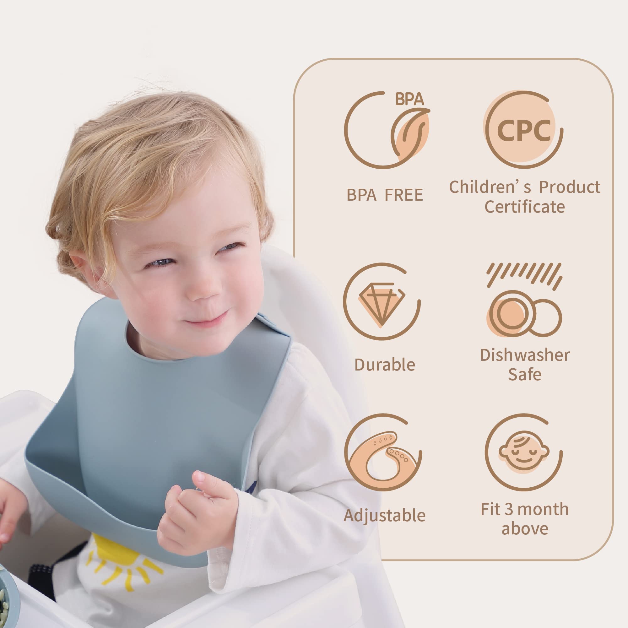 Moonkie silicone bibs burlwood closeup — waterproof, stain-resistant surface keeps the dining area cleaner.