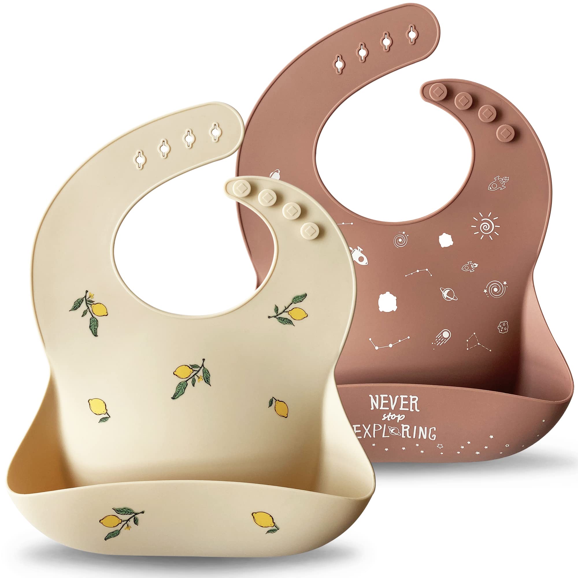 Moonkie silicone baby bibs set 2 shifting sand closeup — soft, BPA-free for gentle meals.