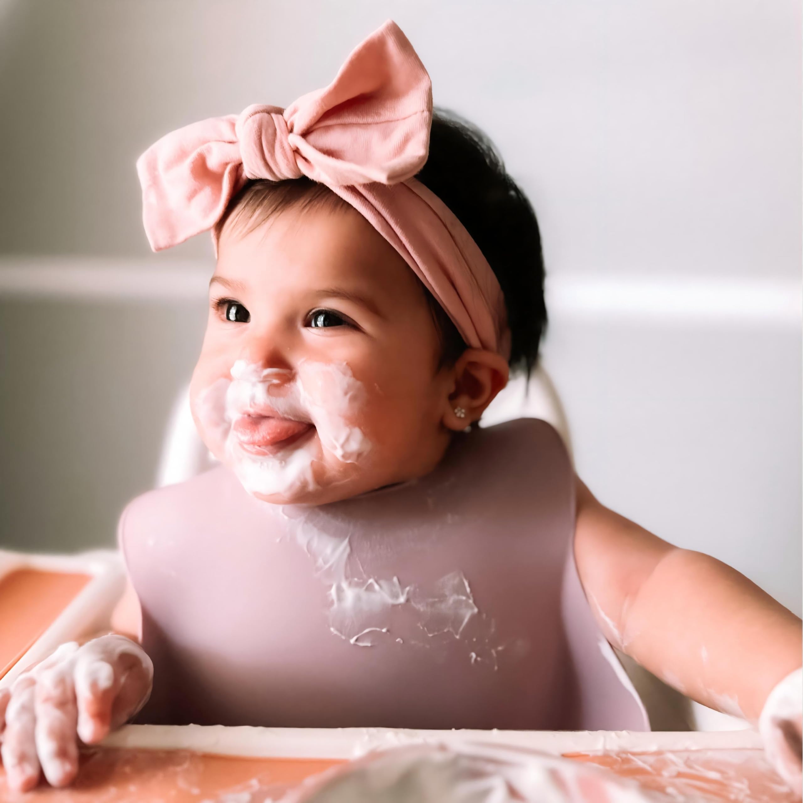 Moonkie silicone baby bibs soft pink neck-closure highlights adjustable fit for growing toddlers.