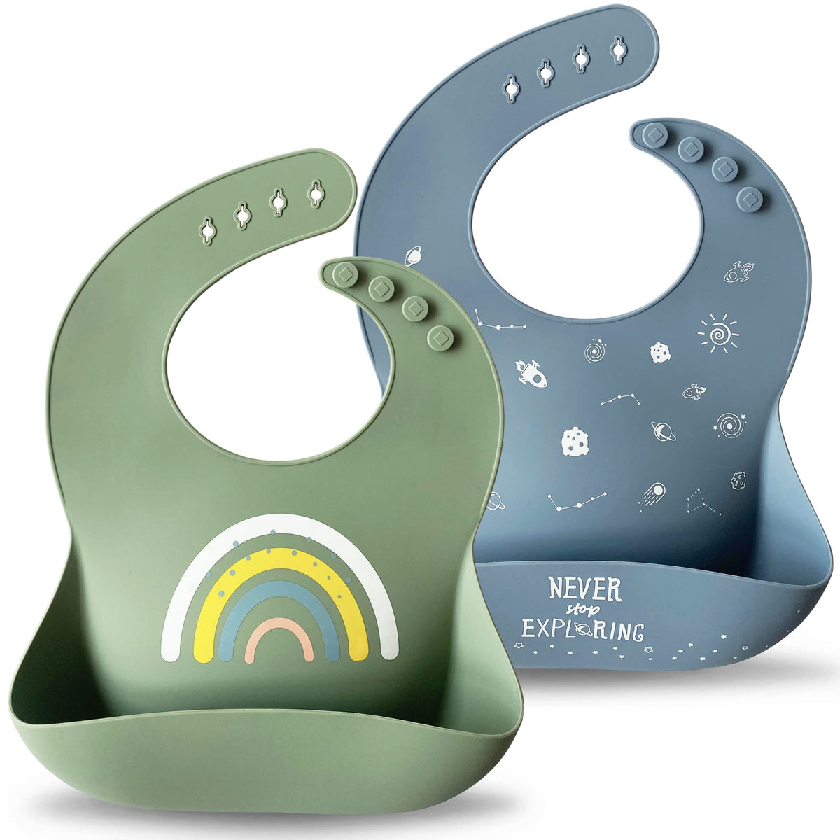 Moonkie silicone bibs Tradewinds Sage 2-pack with wide pocket for mess containment.