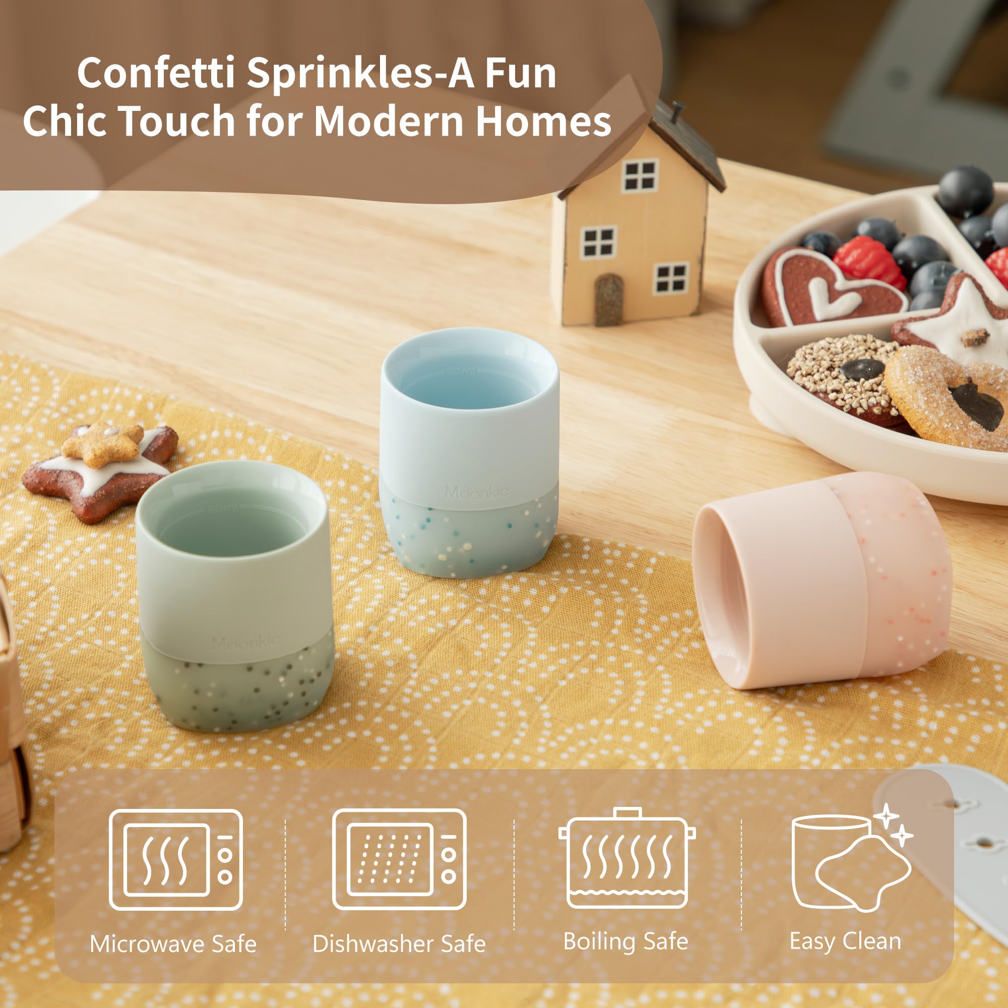 Moonkie silicone cup is gentle on gums during teething sessions.