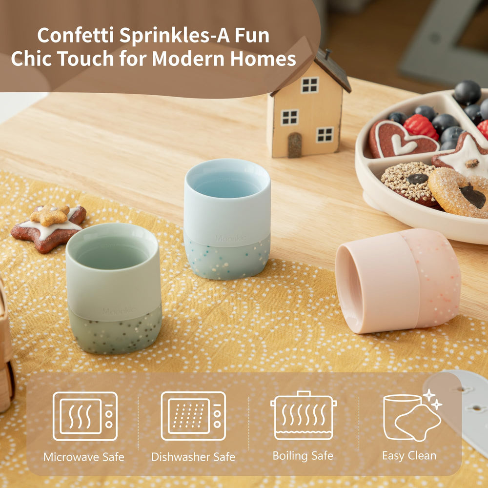 Moonkie silicone cup is gentle on gums during teething sessions.