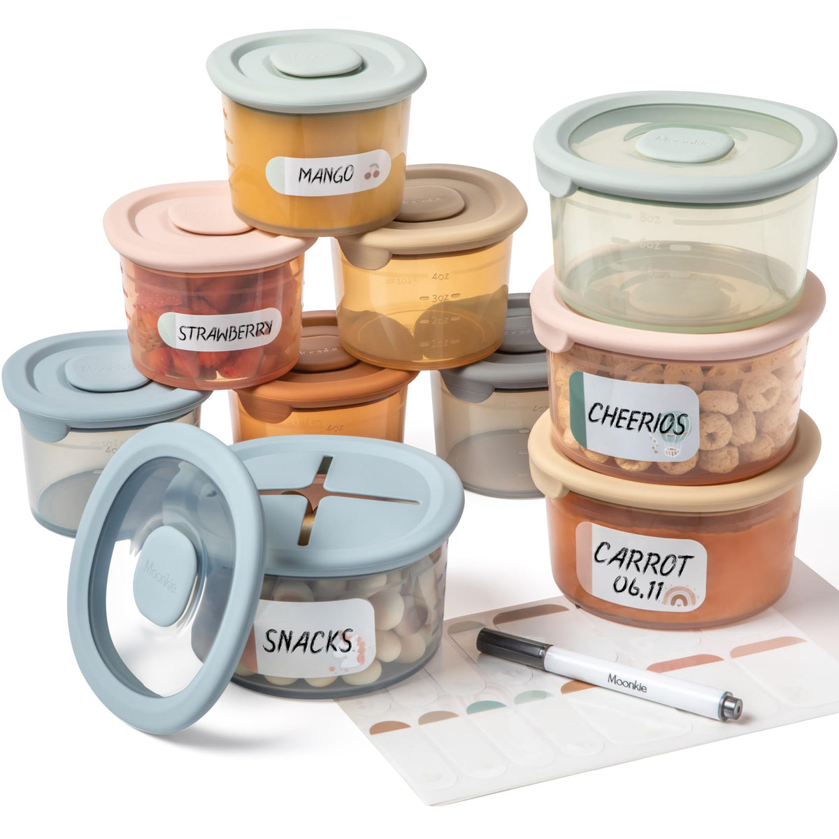 Moonkie silicone baby food containers 8oz-4oz set for convenient homemade baby food storage.