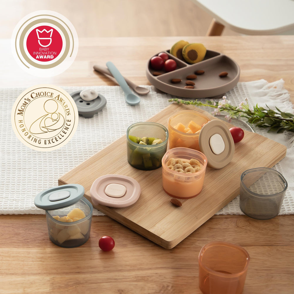 Moonkie silicone baby food containers color-variations to suit your toddler's preferences.