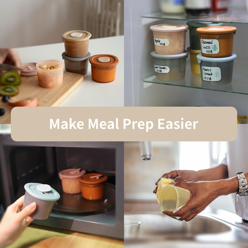 Moonkie silicone baby food containers dishwasher-safe for simple cleanup after meals.