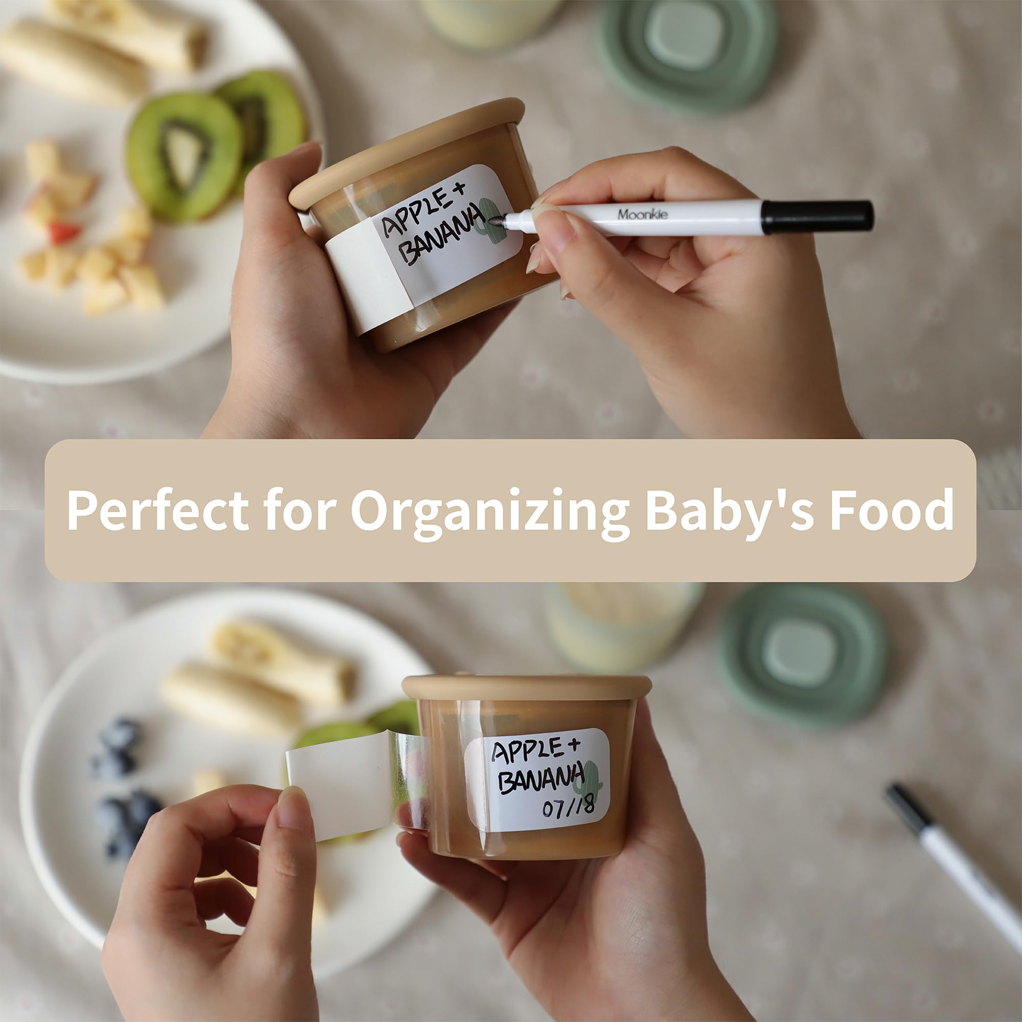 Moonkie silicone baby food containers freezer-safe for batch-prepared purees.