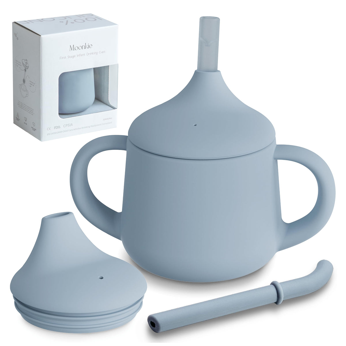 Moonkie first-stage sippy cup gently supports bottle-to-cup transition for infants