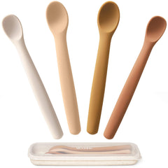 Moonkie silicone baby spoons set 4 with case, two sizes for growing eaters; supports self-feeding