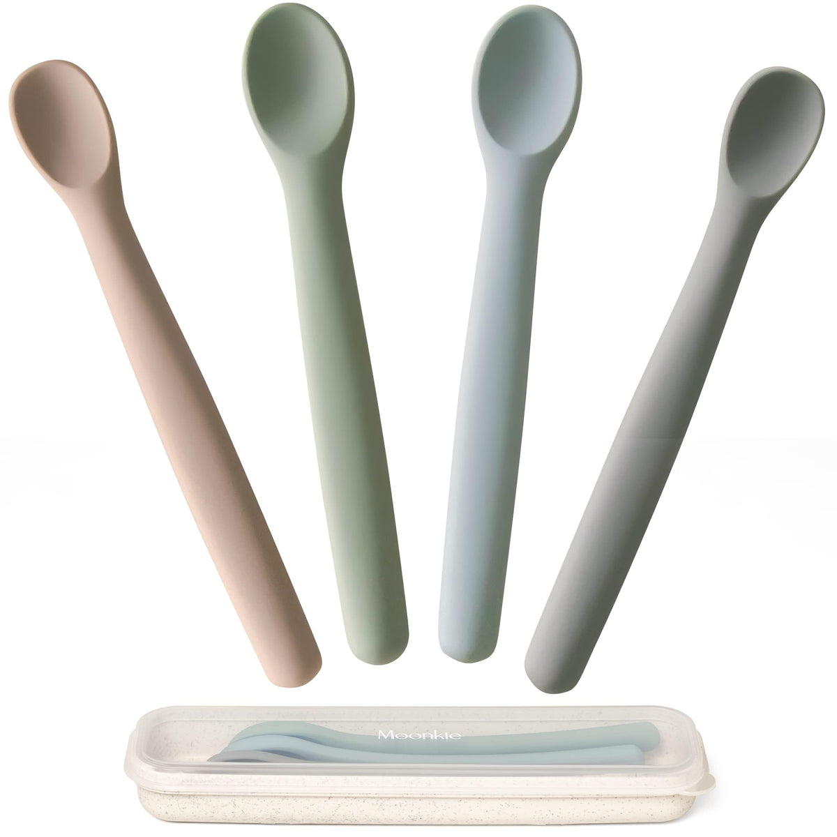 Moonkie silicone baby spoons with two head sizes for growing self-feeding.