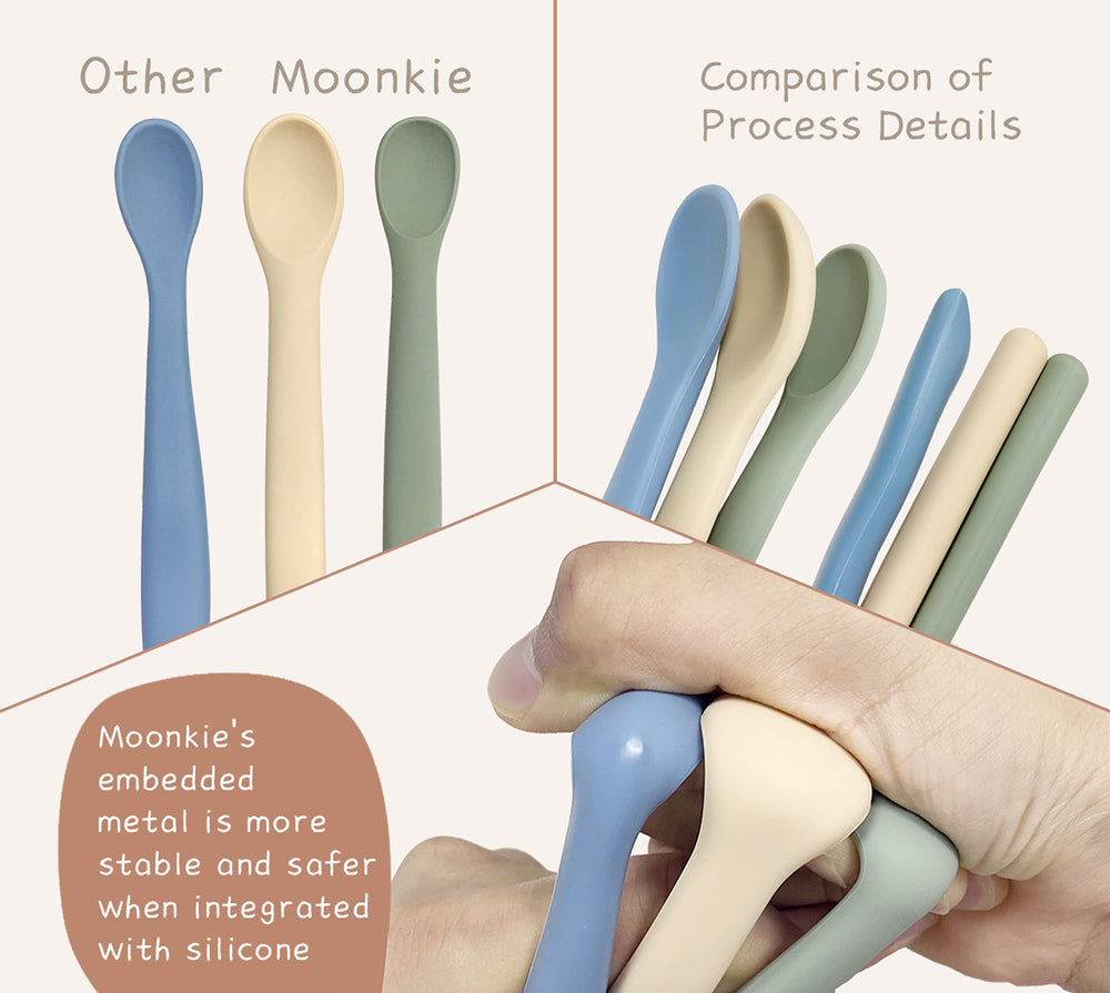 Moonkie soft scoop heads fit baby mouths for gentle bites.