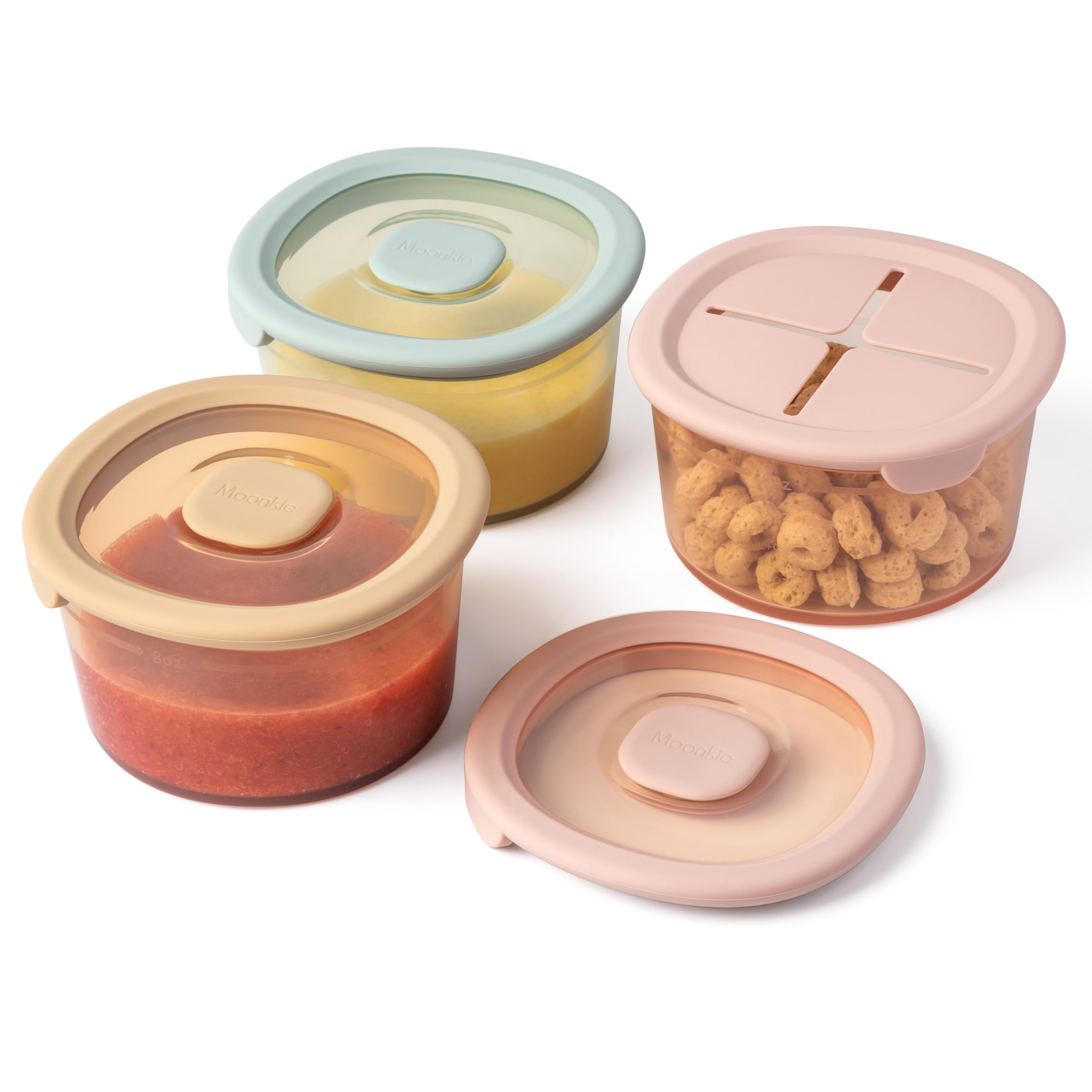 Moonkie silicone snack container 8oz with lid on for on-the-go meals.