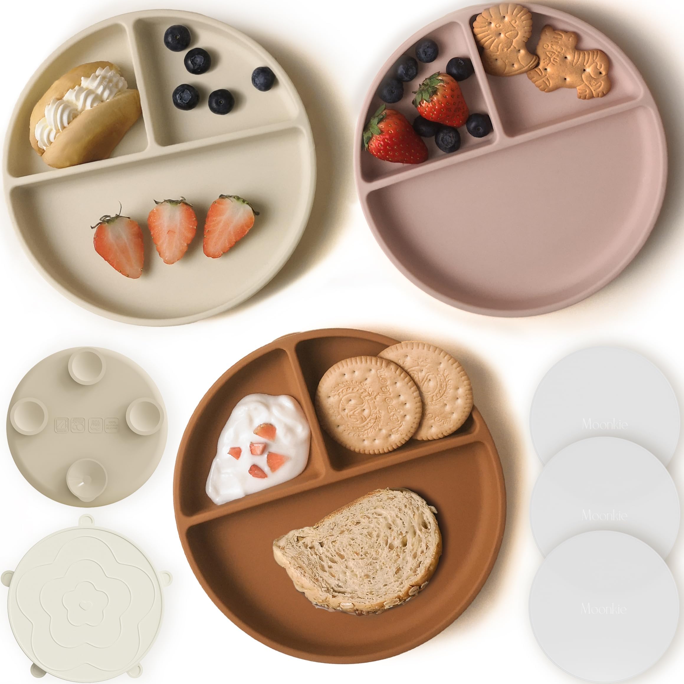 Moonkie suction-plate on table shows four-point suction for mess-free feeding.