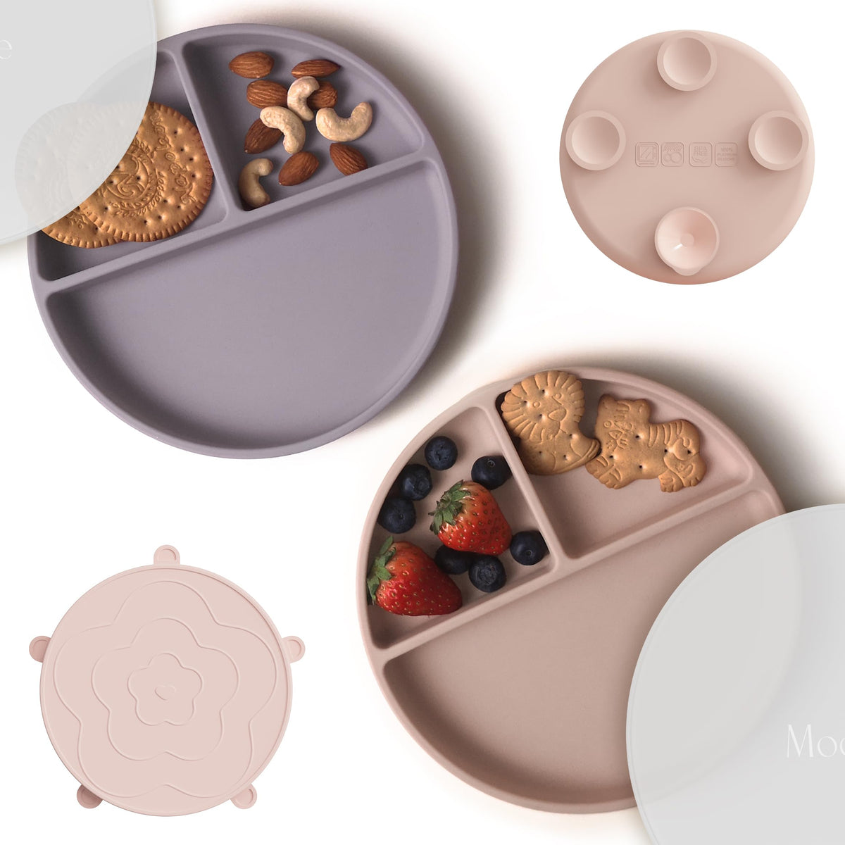 Moonkie suction-plate on table providing mess-free feeding for toddlers