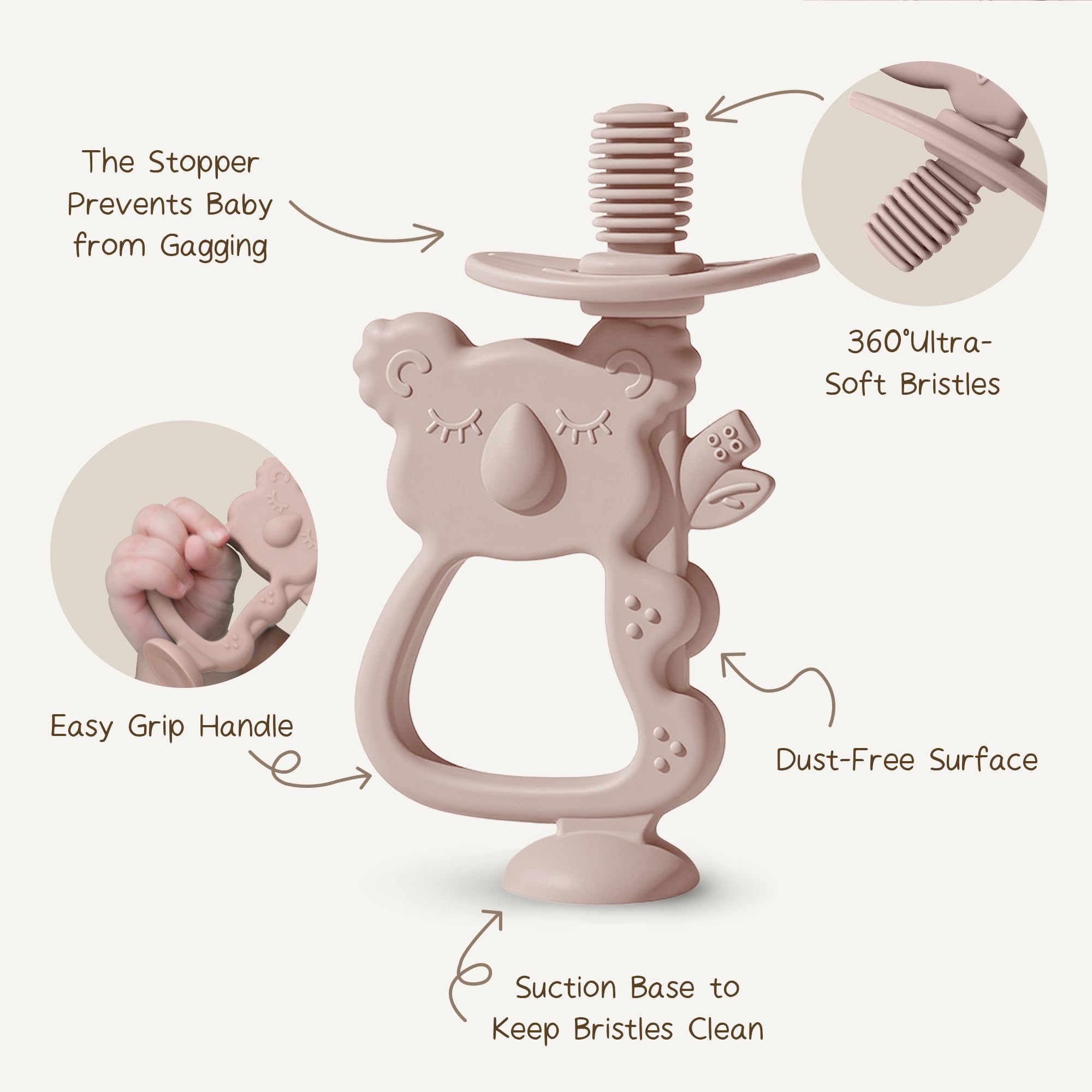 Moonkie Koala Blush in-use with baby hand; grip-friendly design for self-guided exploration.