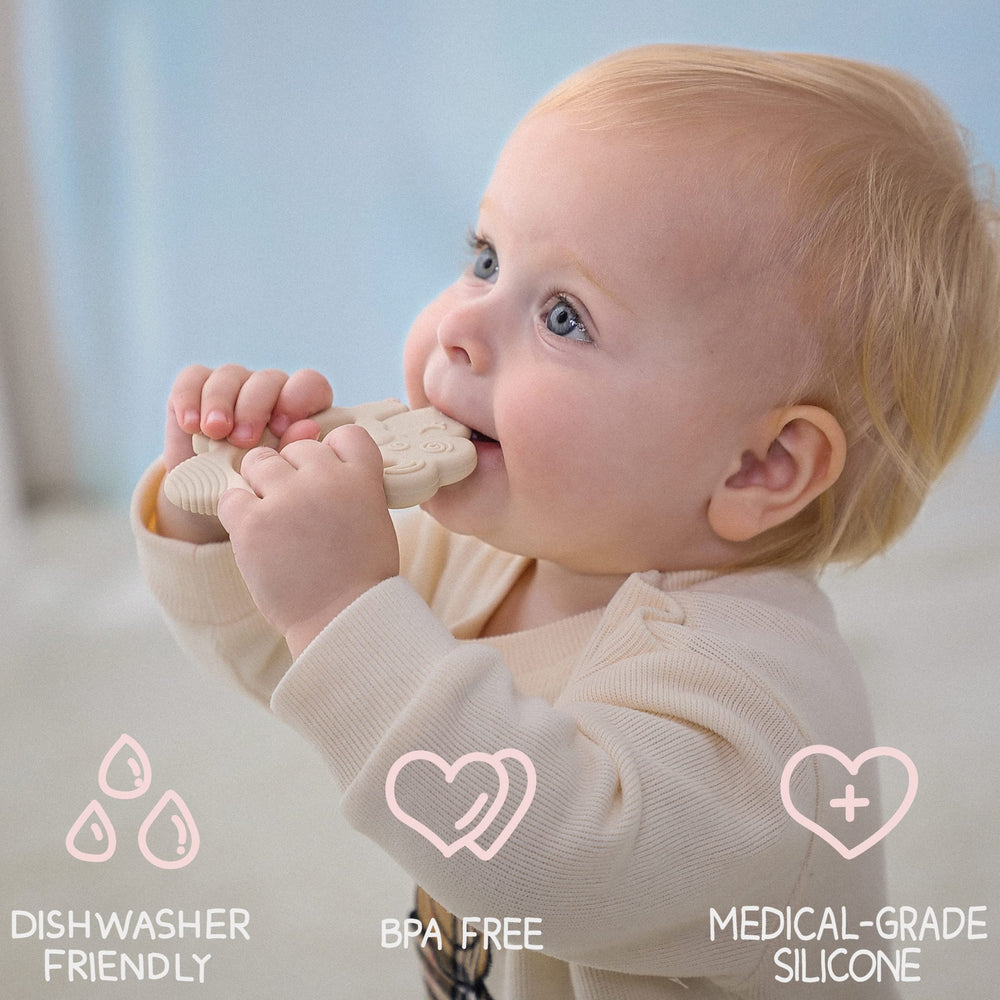 Moonkie silicone teether textured stripes for gum massage and exploration.