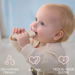 Moonkie silicone teether textured stripes for gum massage and exploration.
