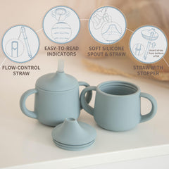 Moonkie three-in-one cup shows sippy, straw, and open modes.