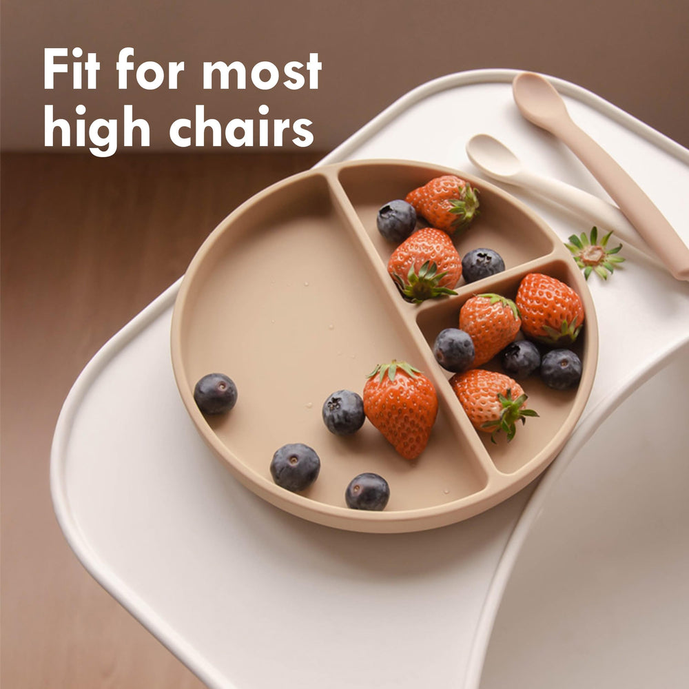 Moonkie suction-plate on high chair tray during toddler mealtime