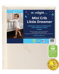 Moonlight Slumber Little Dreamer mini cover front view, snug fit and waterproof protection.