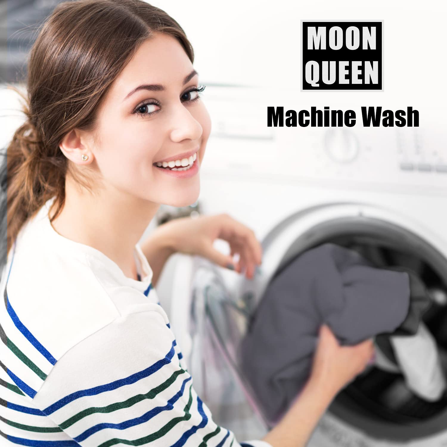 Moonqueen machine-washable crib sheets highlighted for easy-care maintenance.
