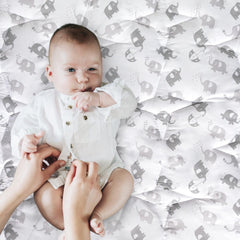 Moonsea baby play mat with grey elephant pattern provides cozy crawling space.