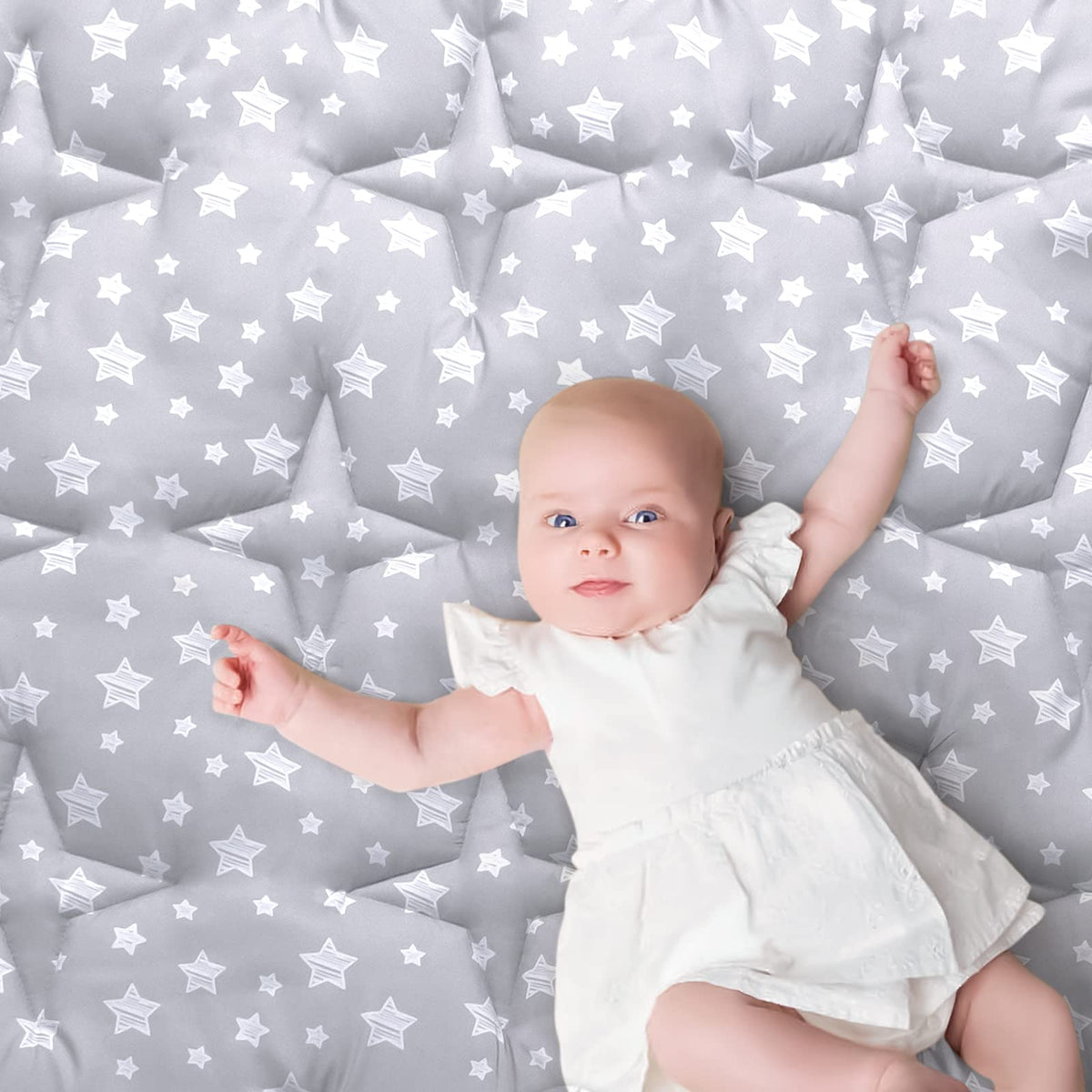 Moonsea baby play mat opened to reveal a spacious 79x71 inch area for safe crawling.