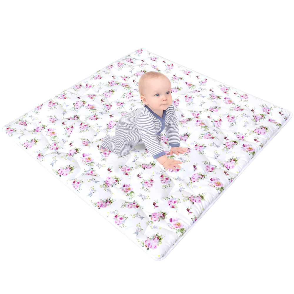 Moonsea floral-pattern playpen mat laid flat in 50x50 space