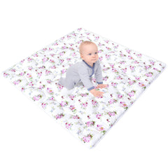Moonsea floral-pattern playpen mat laid flat in 50x50 space