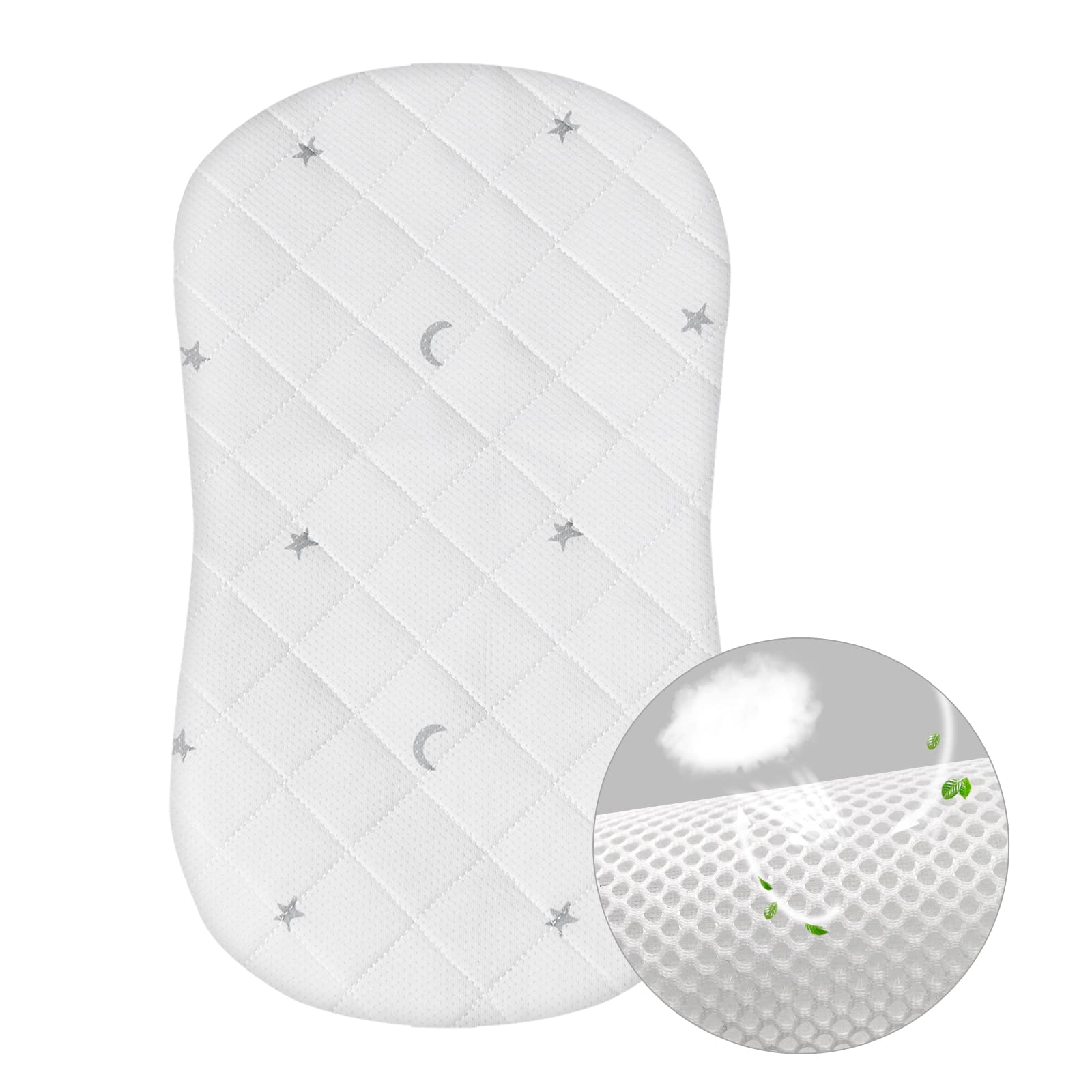 Moonsea bassinet pad cover Gray Star top view, breathable mesh promotes airflow for comfy naps.
