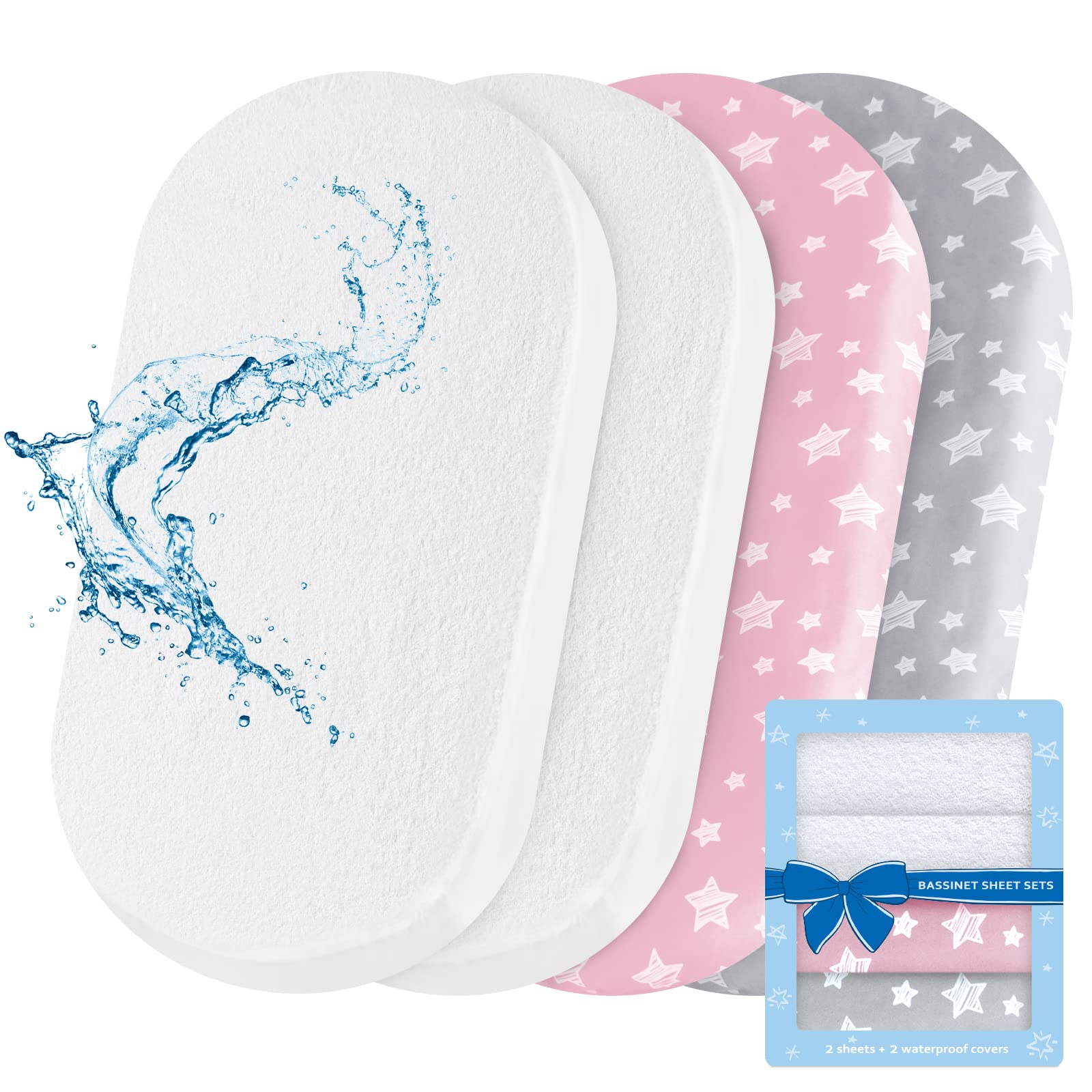 Moonsea bassinet sheets 4-pack oval-fit in soft fabric for a snug, flexible bassinet fit.