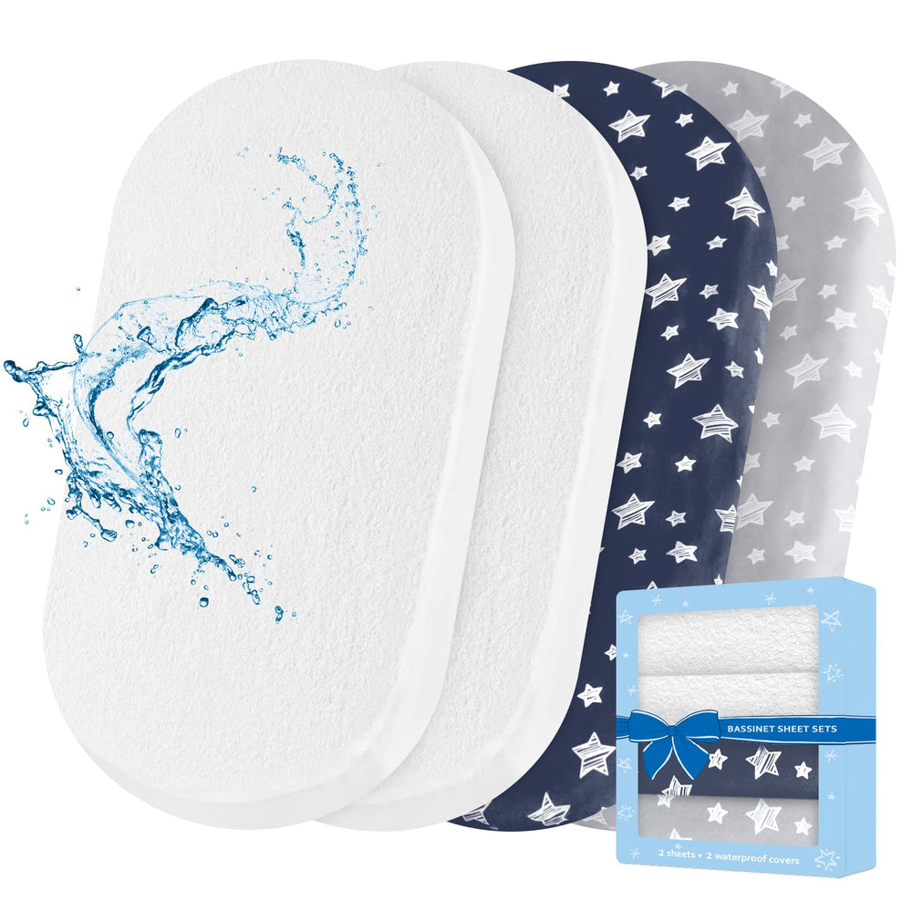 Moonsea bassinet sheets four-pack in grey and navy for soft, breathable sleep surfaces.