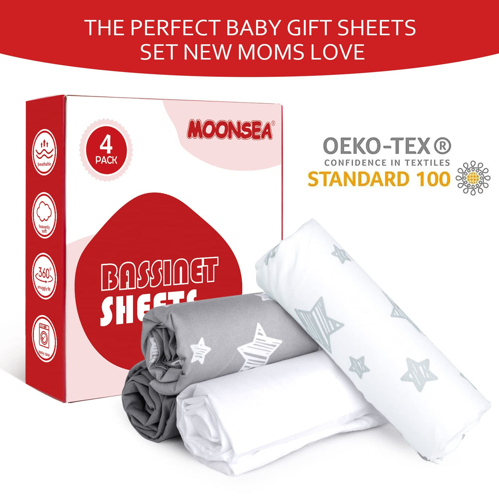Moonsea bassinet sheets gray soft-touch fabric highlighted for baby comfort.