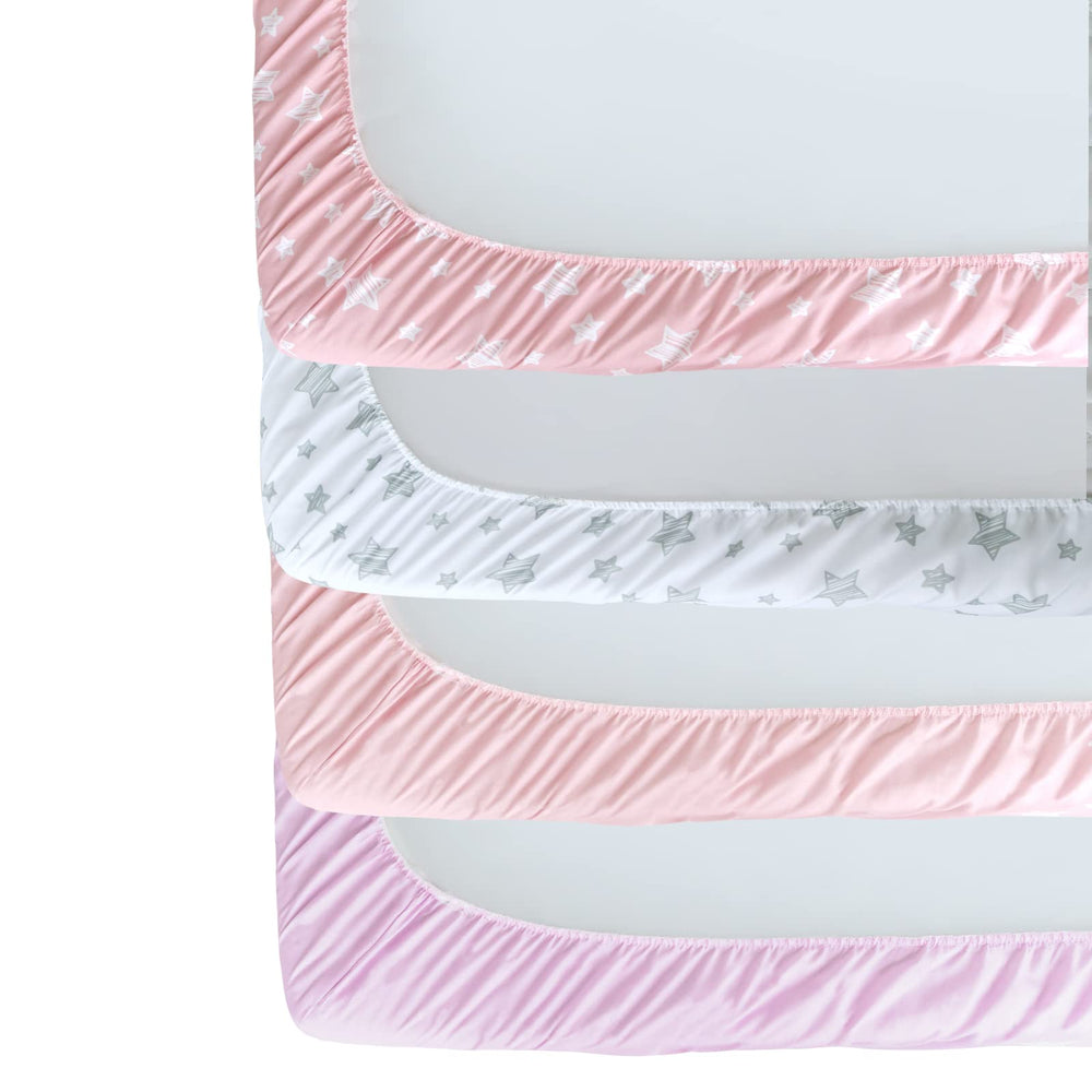 Moonsea nursery scene with pink sheets highlights easy installation and breathable comfort.