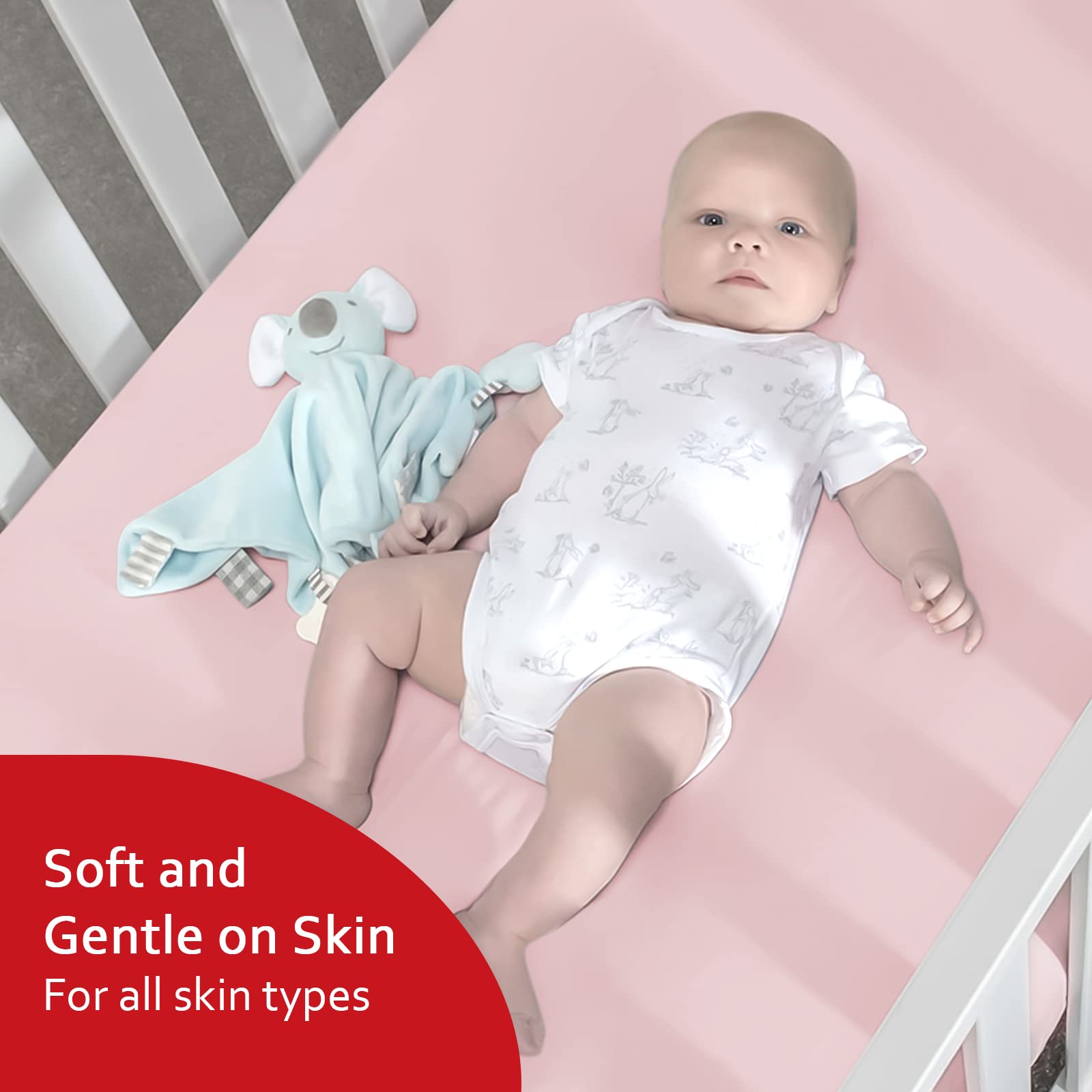 Moonsea fitted crib sheet securely covers a standard mattress with full-elastic edge.