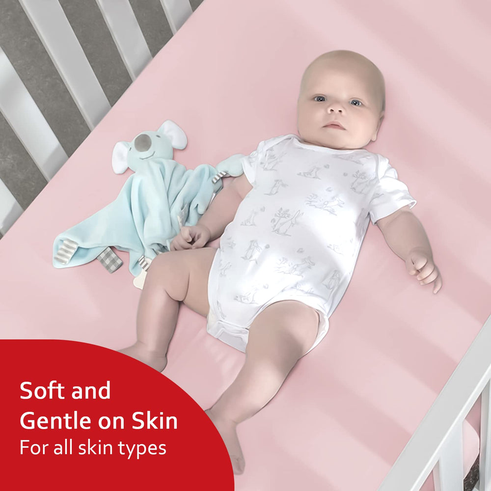Moonsea fitted crib sheet securely covers a standard mattress with full-elastic edge.
