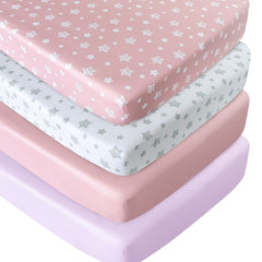 Moonsea pink crib sheet fabric close-up shows soft, breathable microfiber for baby comfort.
