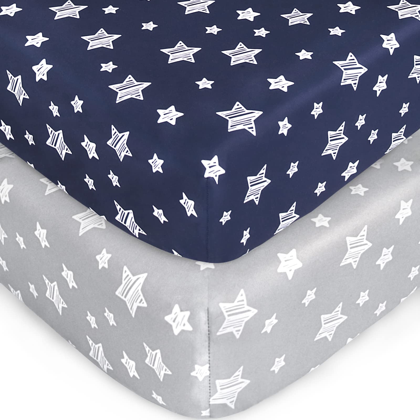Moonsea crib sheets 2-pack grey navy folded, highlighting soft breathable microfiber.