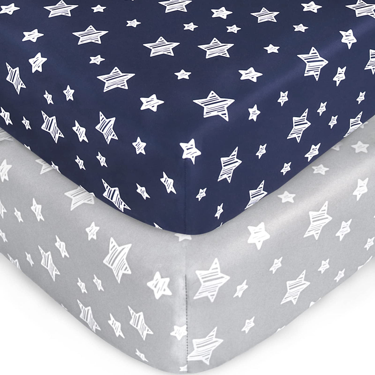 Moonsea crib sheets 2-pack grey navy folded, highlighting soft breathable microfiber.
