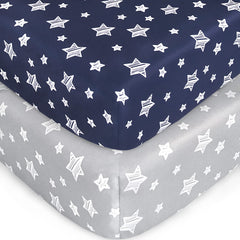 Moonsea crib sheets 2-pack grey navy folded, highlighting soft breathable microfiber.