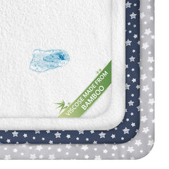 Moonsea crib sheets gray-navy 4-pack offering soft, breathable fitted comfort for baby naps.