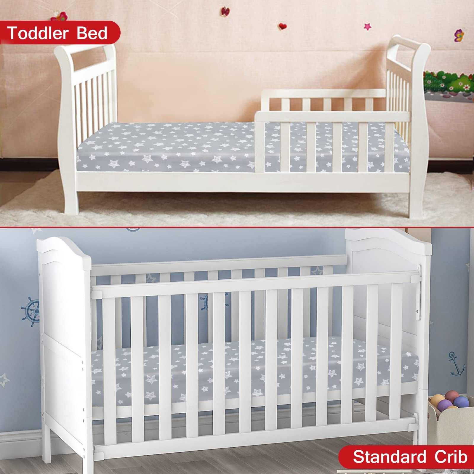 Moonsea crib sheets in nursery scene boost cozy sleep with color.