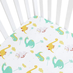 Moonsea dinosaur crib sheet on mattress offers secure fit for standard cribs.